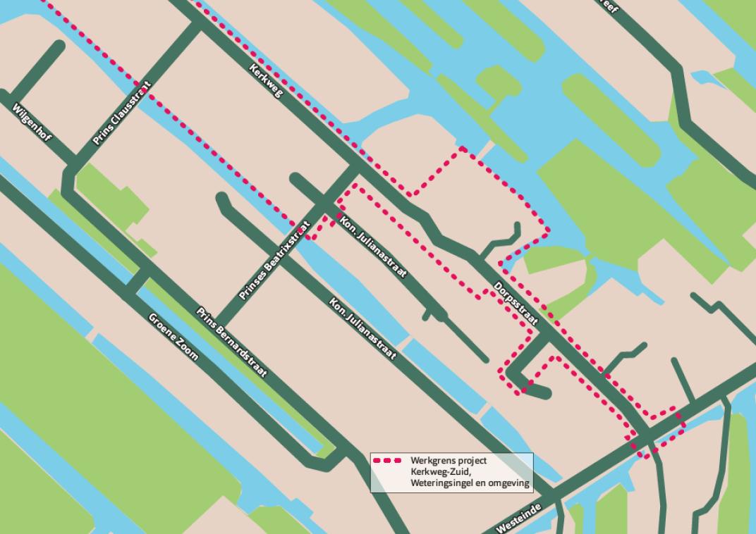 Werkgrens project Kerkweg-Zuid, Weteringsingel en omgeving in Berkenwoude