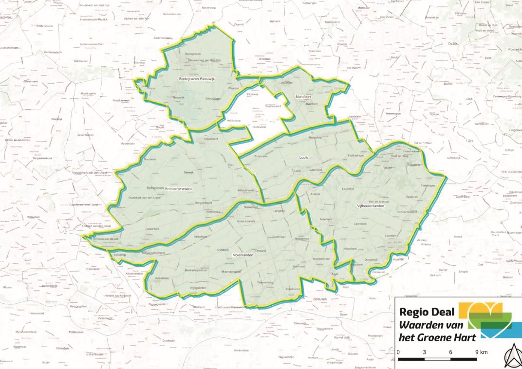 Kaart van het Groene Hart. De omlijnde gemeenten zijn Bodegraven‑Reeuwijk, Montfoort, Lopik, Krimpenerwaard, Vijfheerenlanden en Molenlanden. Rondom staan omliggende steden vermeld, zoals Alphen aan den Rijn, Gouda en Dordrecht.