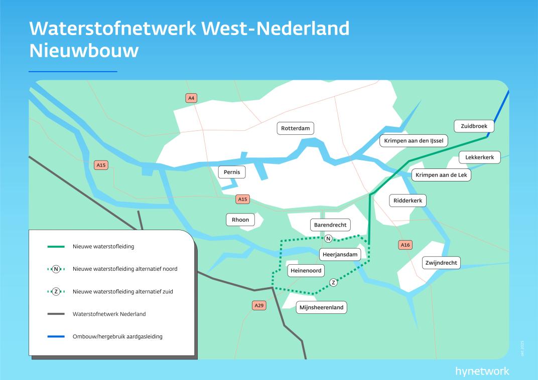 Kaart van het gebied rond Rotterdam die laat zien waar het nieuwe waterstofnetwerk is gepland. Het netwerk start bij Rotterdam en het haven‑ en industriegebied bij Pernis en loopt oostwaarts richting Ridderkerk en de Krimpenerwaard en zuidwaarts langs Barendrecht en Zwijndrecht richting Hendrik‑Ido‑Ambacht en de Hoeksche Waard.