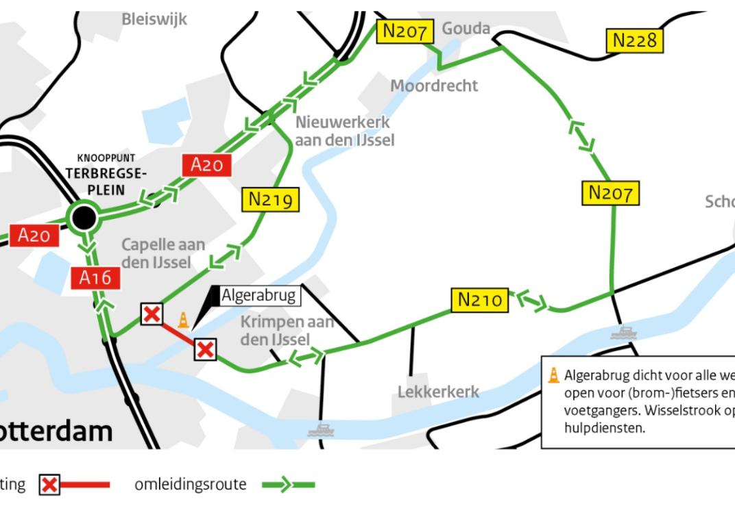 Omleidingsroute Algerabrug nachtafsluitingen