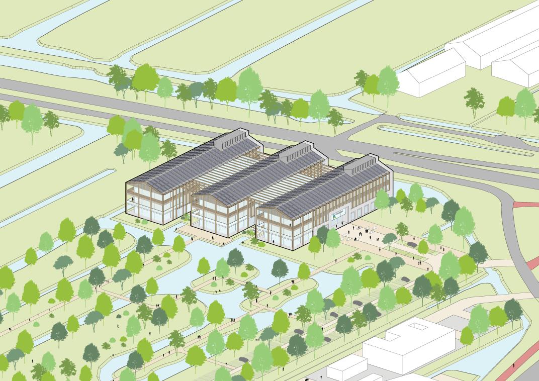 Impressie van het nieuwe gemeentehuis vanuit de lucht.