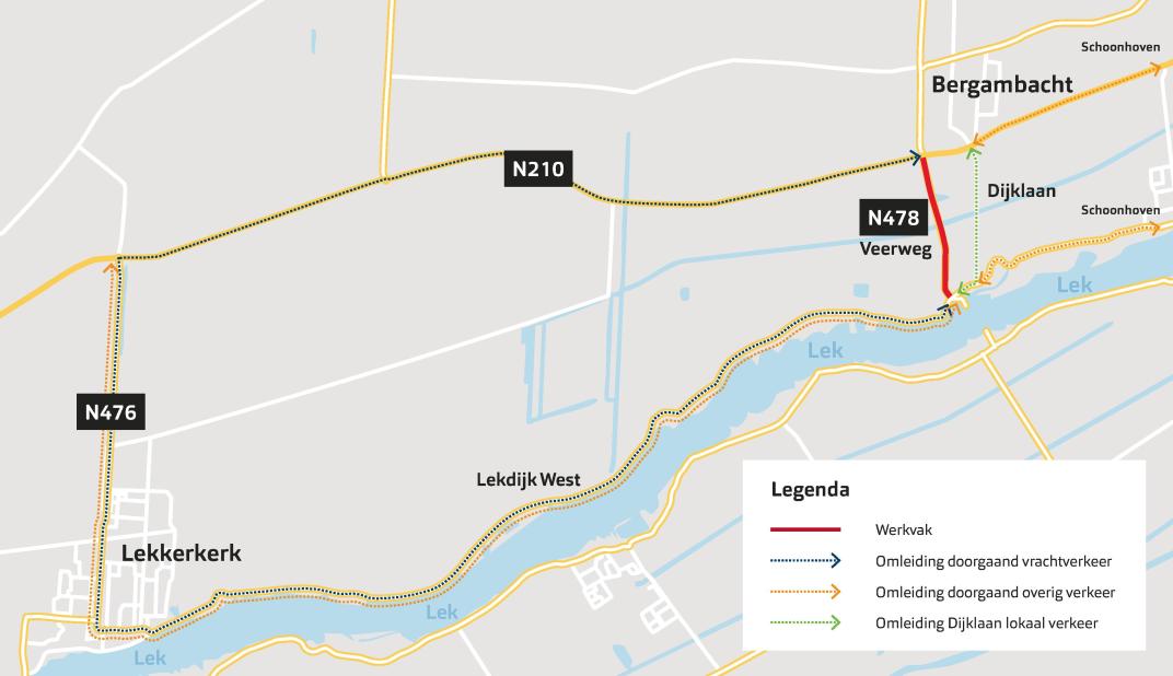 Kaartje omleidingsroute werkzaamheden veerweg 15 mei tot en met 6 juni