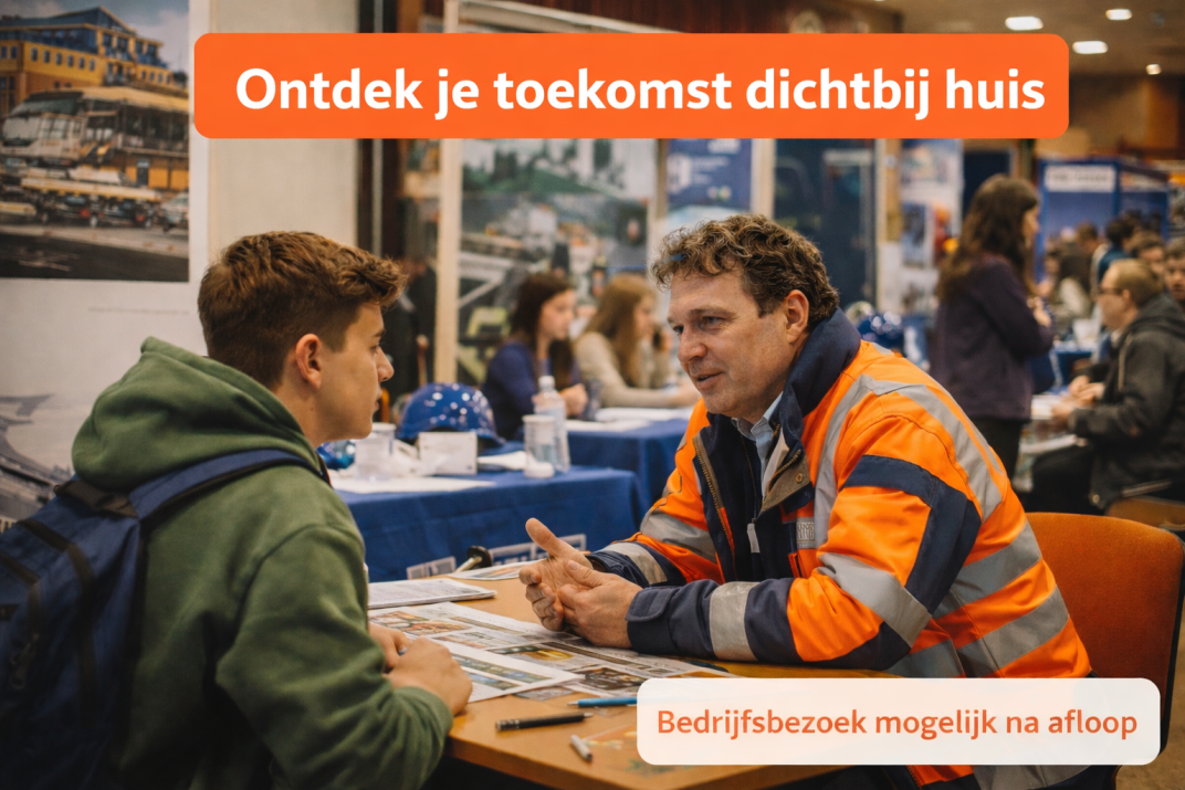 Foto van het Banenfestival met de tekst: Ontdek je toekomst dichtbij huis: bedrijfsbezoek mogelijk na afloop.