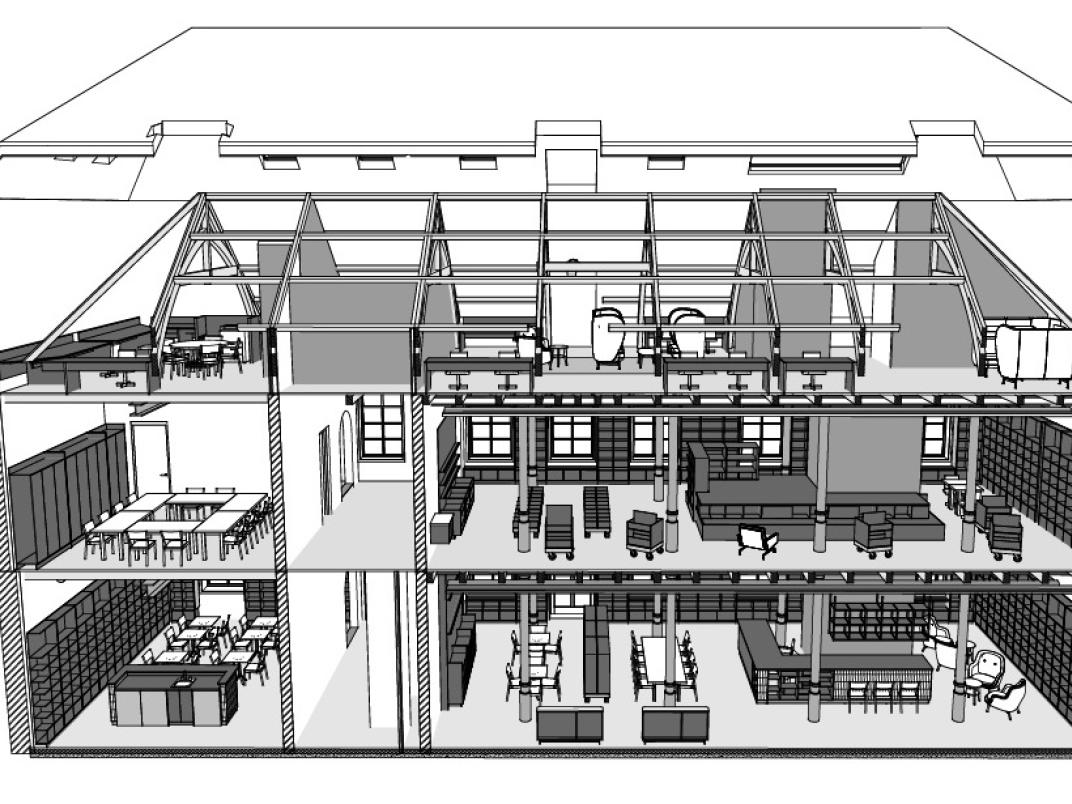 3D-tekening doorsnede perspectief bibliotheek Schoonhoven