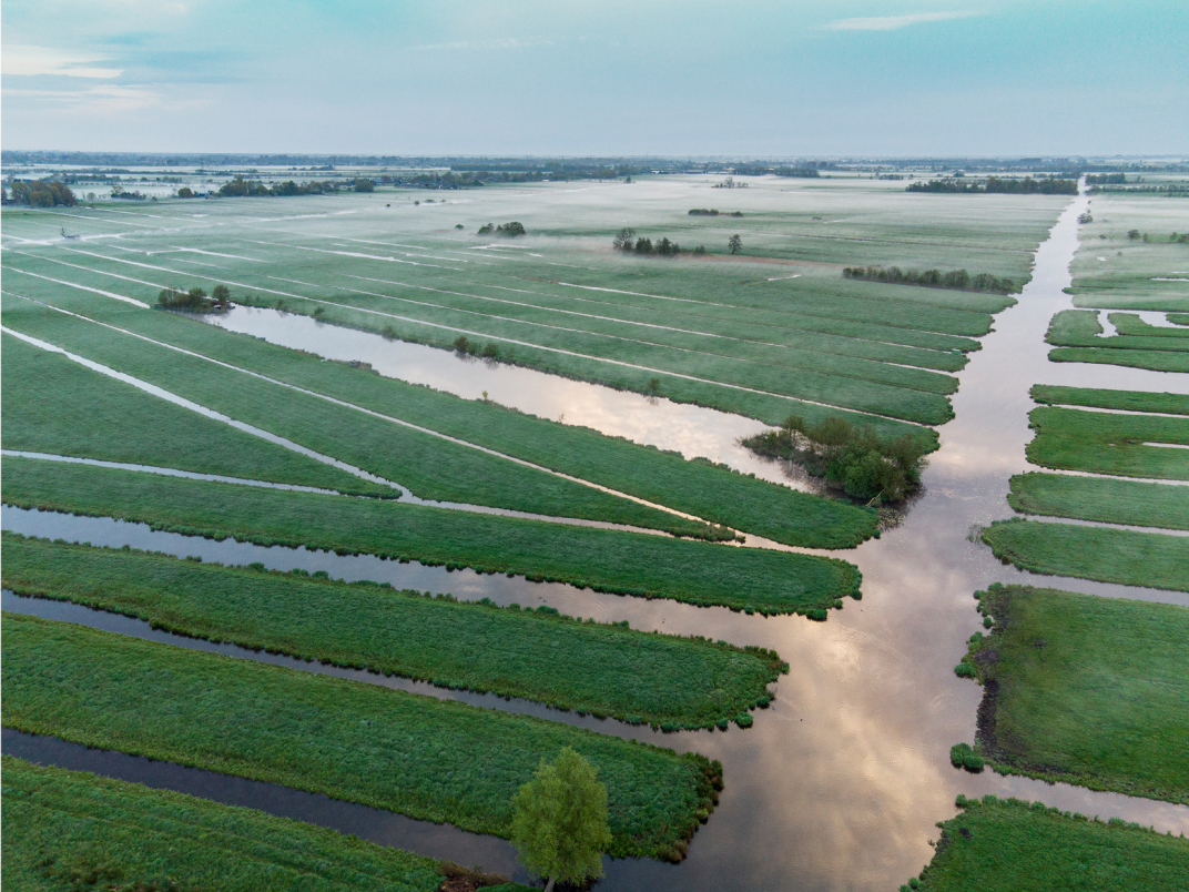 Luchtfoto van weidelandschap en sloten door Abe Maaijen